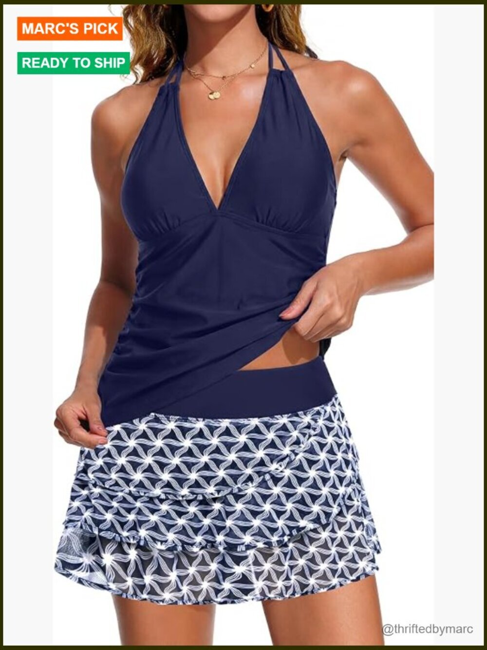 Tankini with Skirt - Two Piece Tummy Control Bathing Suit Halter Swimwear